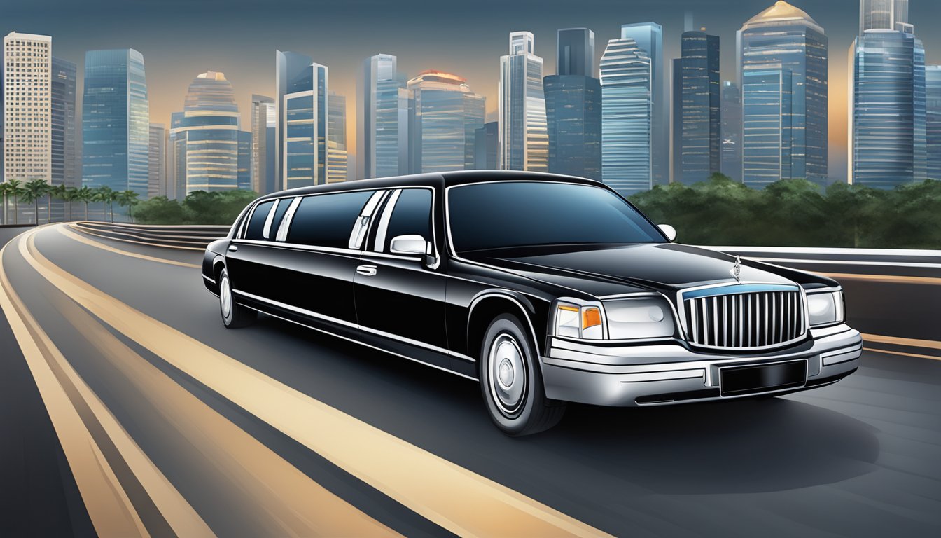 A sleek black limousine with the Citi Prestige logo pulls up to a luxury hotel in Singapore, with the city skyline in the background