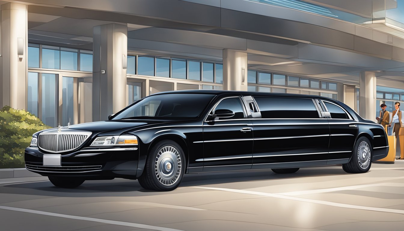 A sleek black limousine pulls up to the airport terminal, with the Citi Prestige logo prominently displayed on the side. The driver stands by the open door, ready to assist passengers