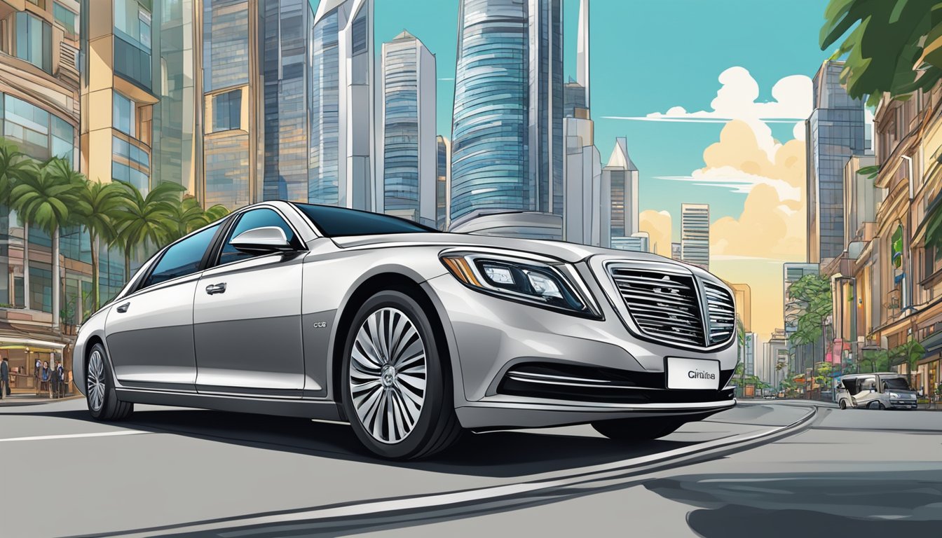 A sleek Citi Prestige limousine cruises through the bustling streets of Singapore, with the iconic city skyline as a backdrop, while rewards and points are maximized