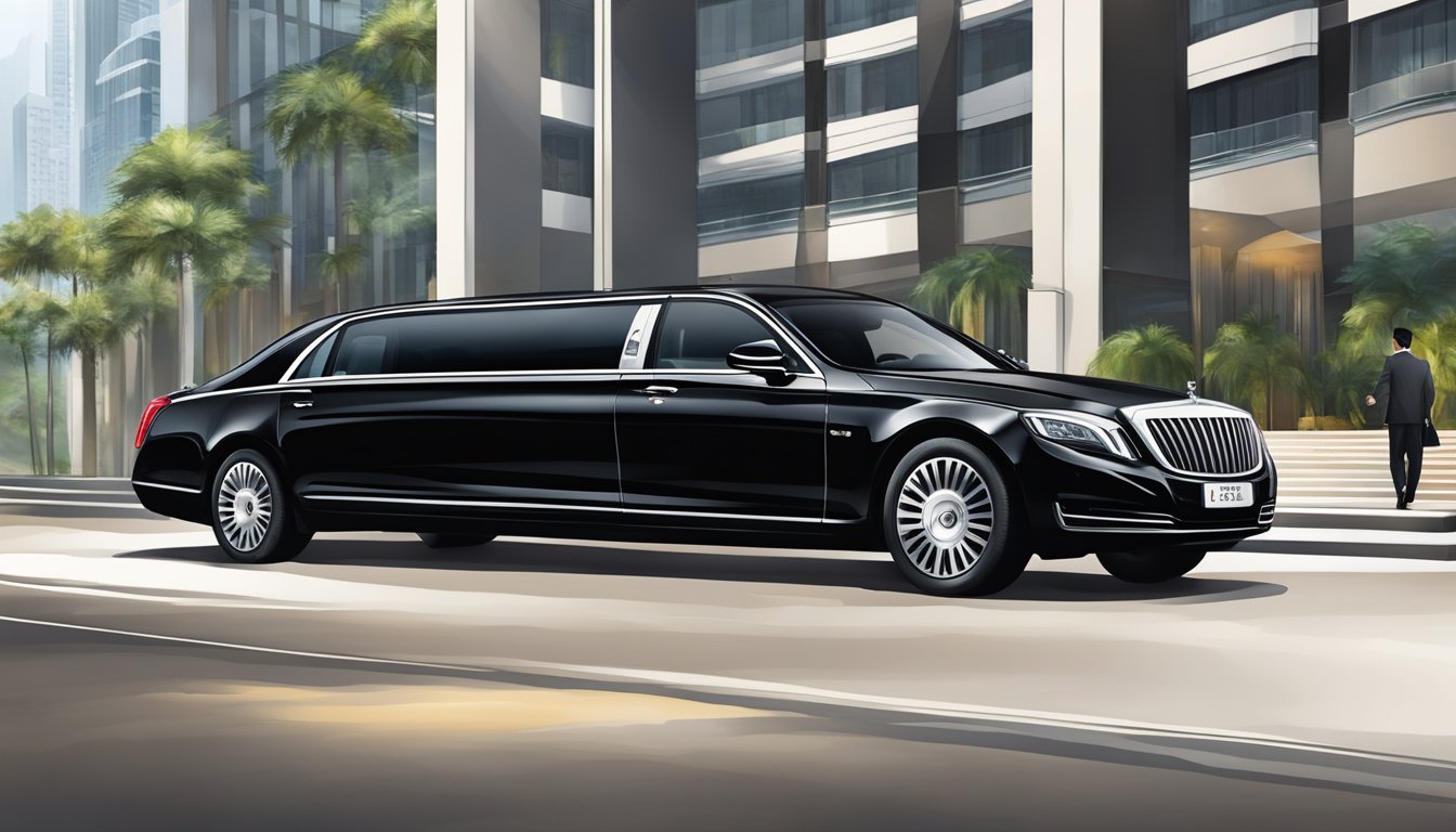 A sleek black limousine pulls up to the entrance of a luxury hotel in Singapore, with the Citi Prestige logo prominently displayed on the side