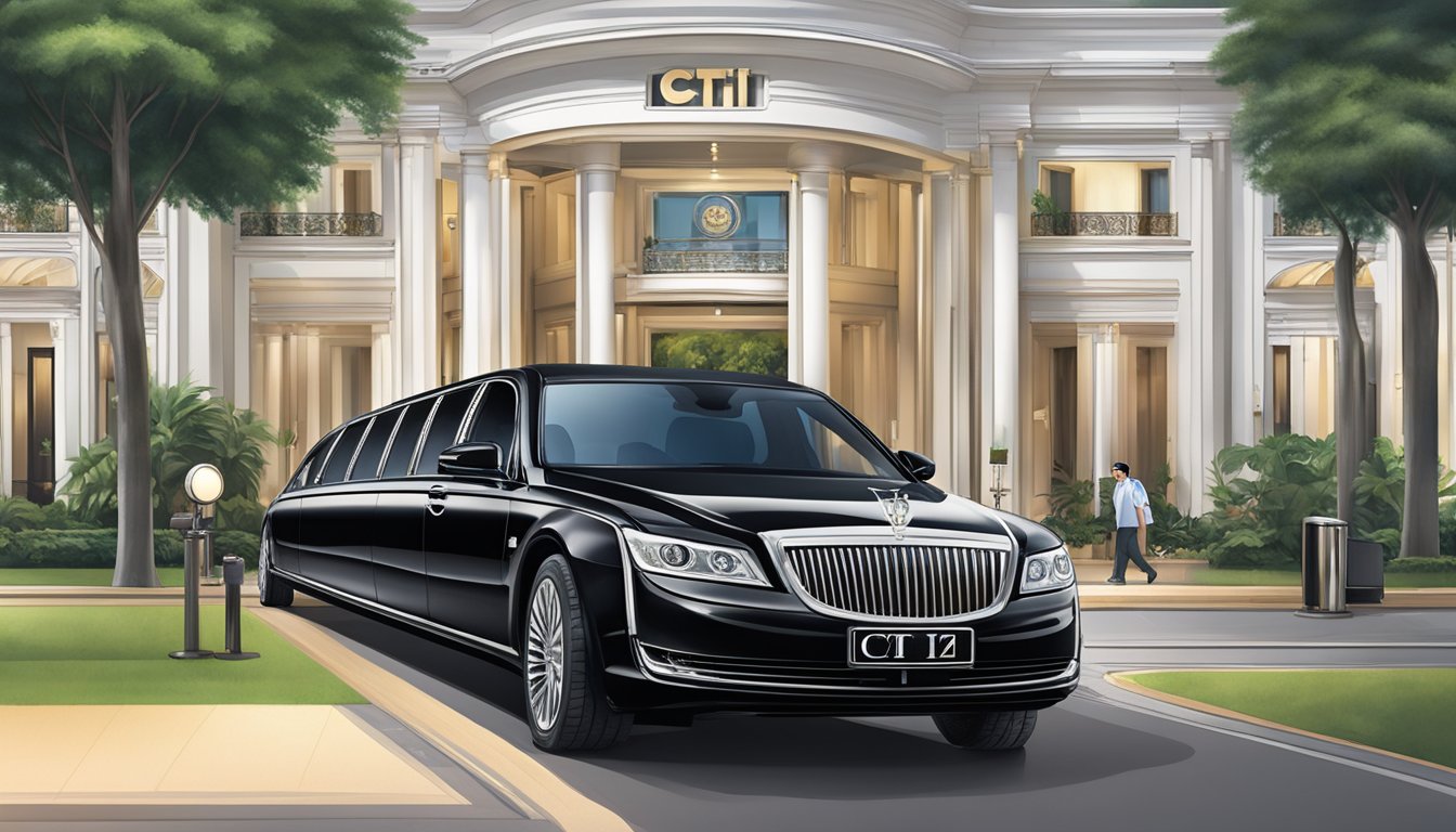 A sleek black limousine parked outside a luxury hotel in Singapore, with the Citi Prestige logo displayed prominently on the vehicle. The limousine driver stands by the door, ready to assist guests