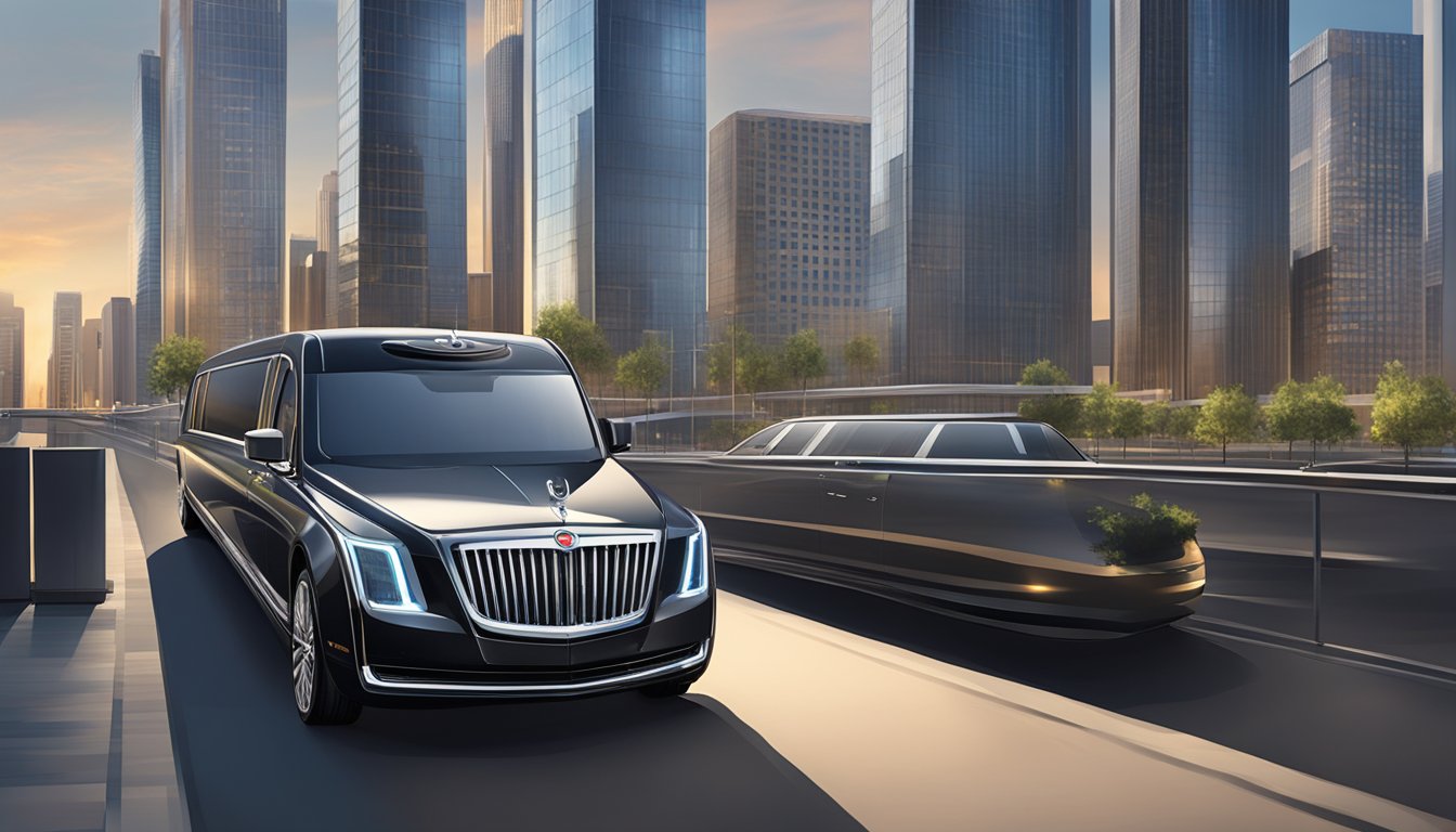 A sleek limousine parked in front of a modern cityscape, with the Citi Prestige logo prominently displayed on the vehicle
