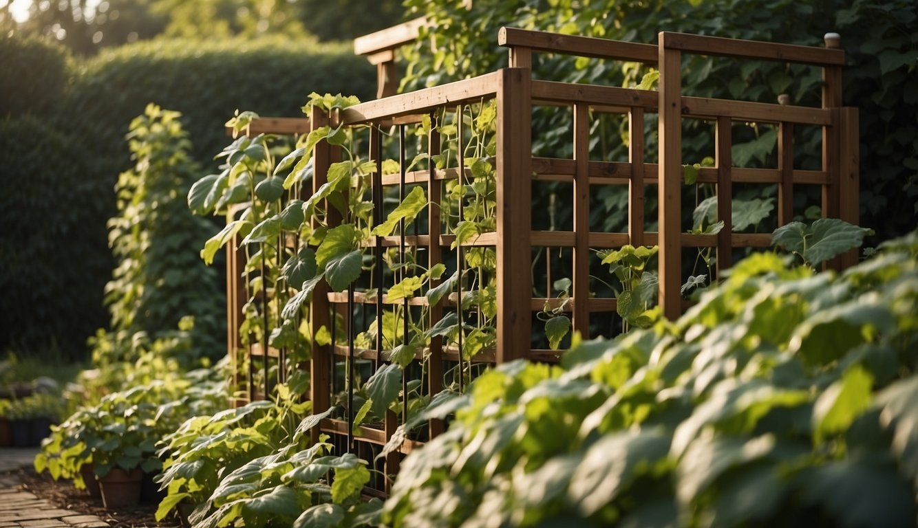 A sturdy wooden trellis stands at least 6 feet tall in a lush garden, with healthy cucumber vines climbing and winding around its sturdy frame
