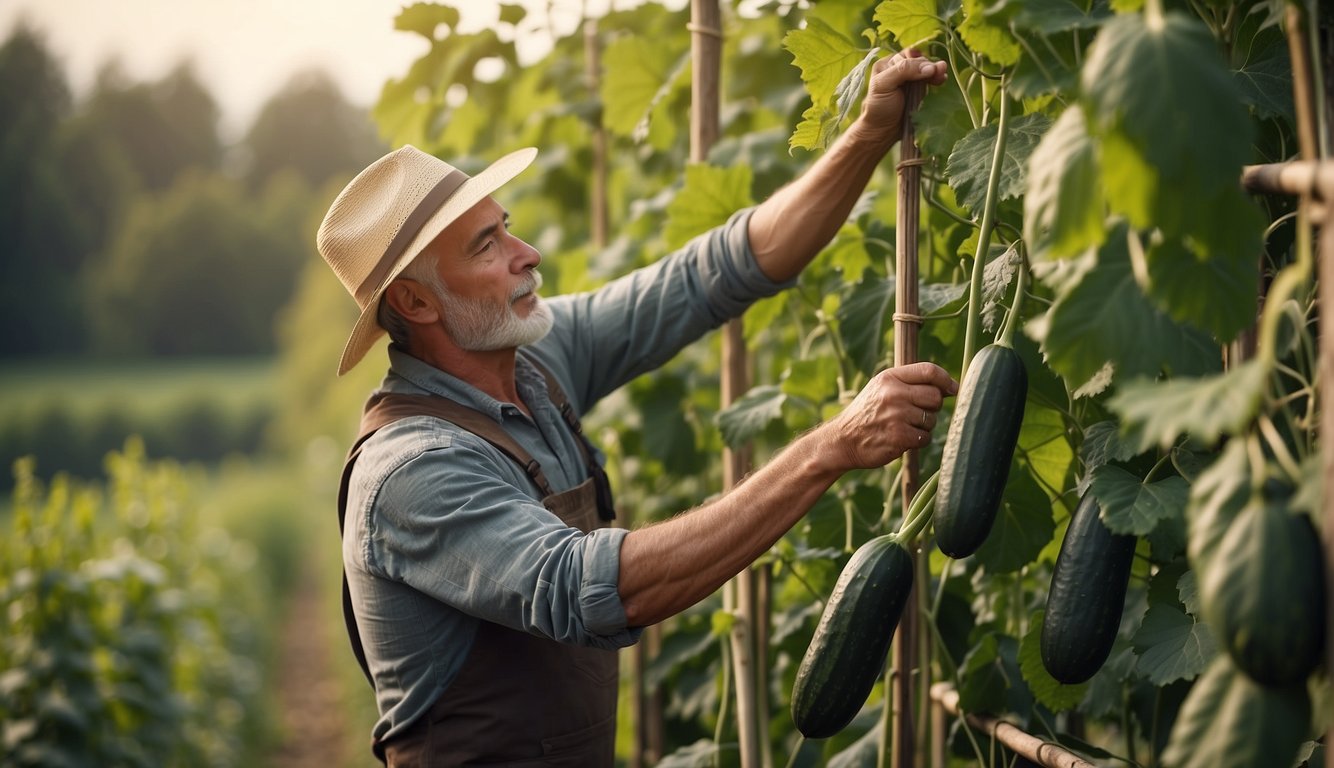 A gardener selects materials for a tall cucumber trellis, measuring its height against the vines