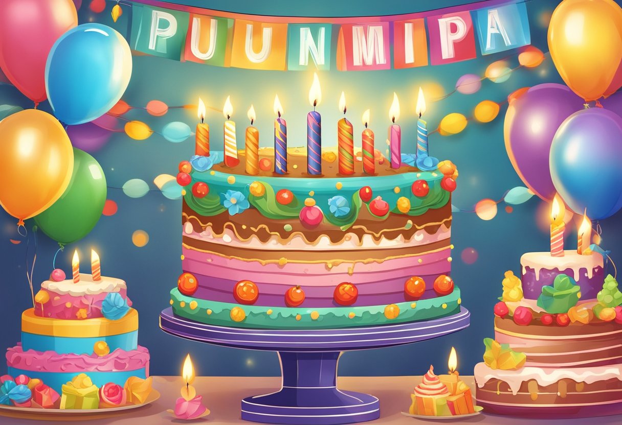 A colorful birthday cake with lit candles, surrounded by festive decorations and a banner with the words "Trumpi gimtadienio sveikinimai" in bold letters