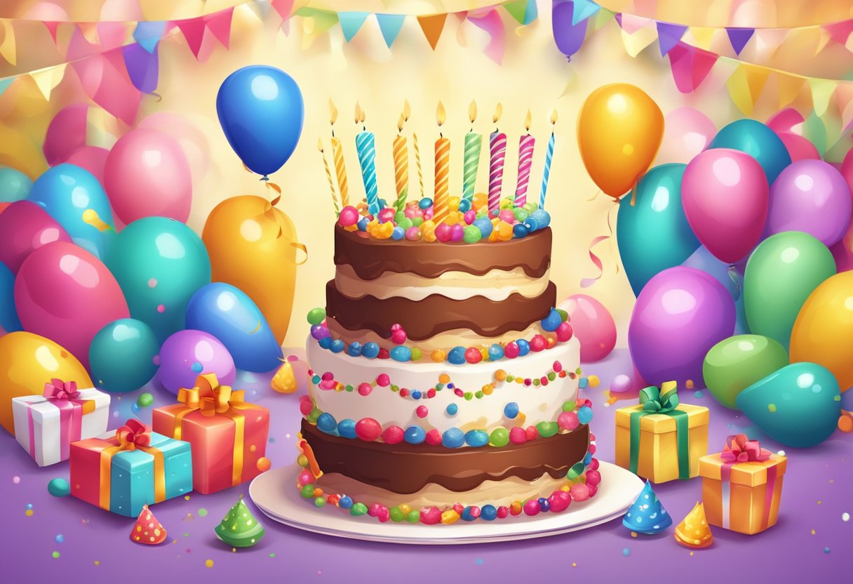 A festive birthday scene with colorful decorations and a birthday cake