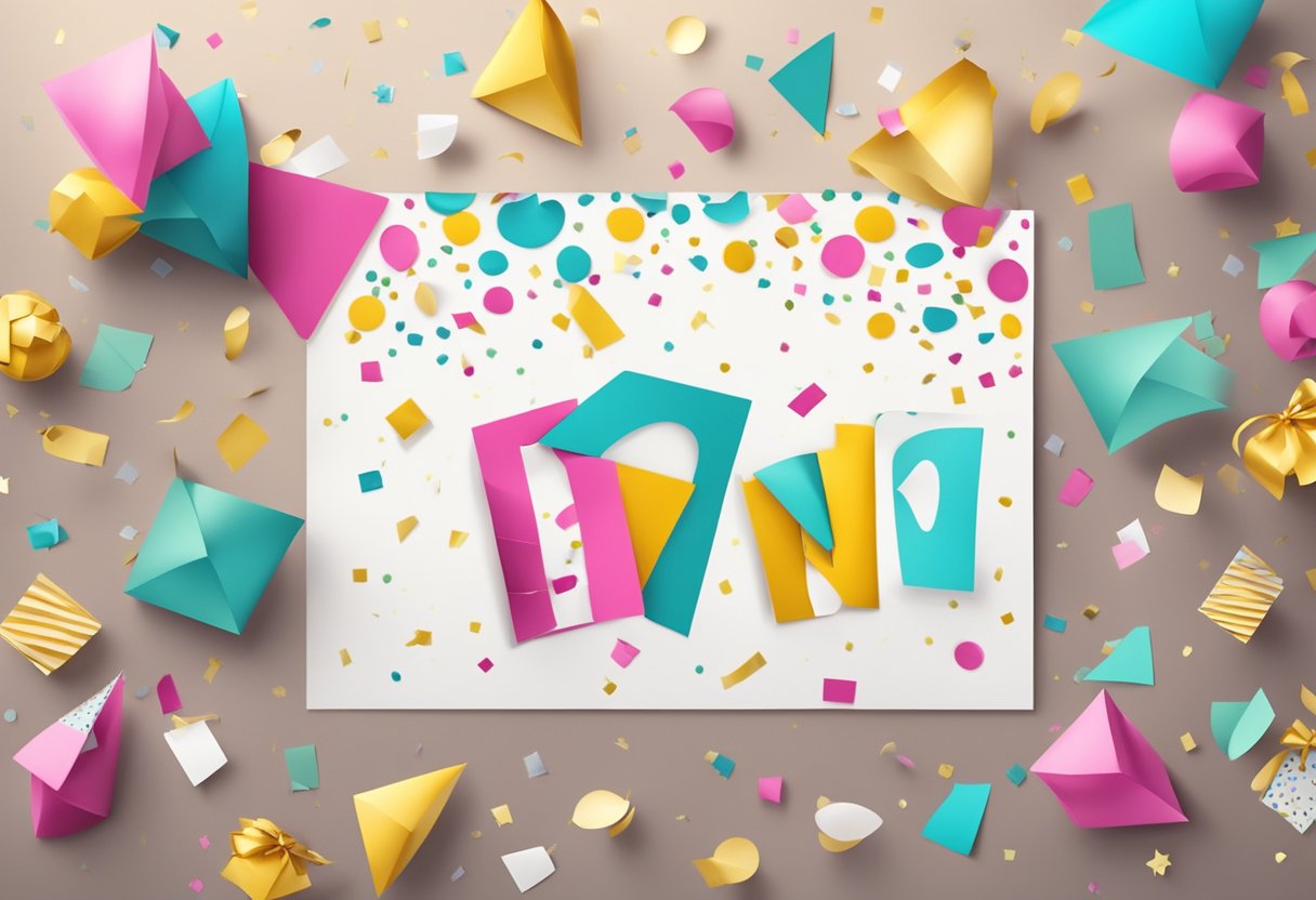 Colorful greeting cards scattered on a table with festive decorations and confetti