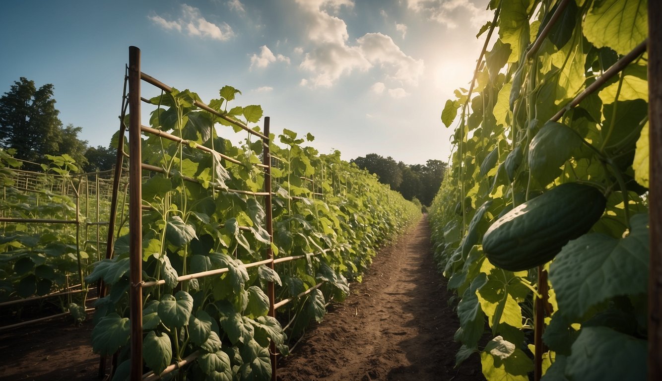 A tall cucumber trellis stands in a garden, reaching towards the sky, with lush green vines climbing up its sturdy frame