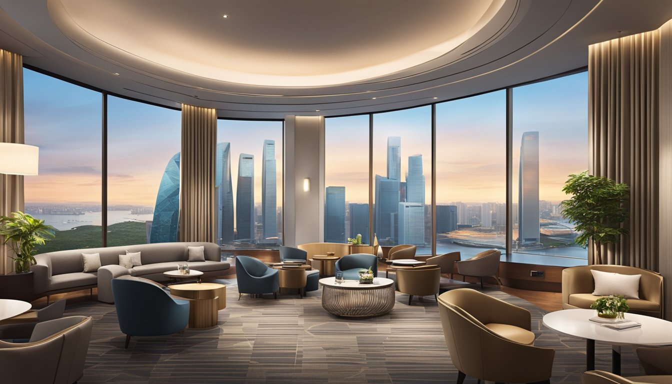 Guests enter the elegant Citi Prestige Lounge in Singapore, greeted by modern decor and comfortable seating. The expansive windows offer stunning views of the city skyline