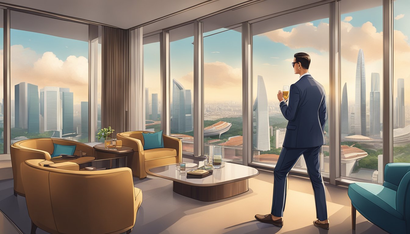 A traveler enjoys Citi Prestige lounge access in Singapore, savoring luxury amenities and stunning city views