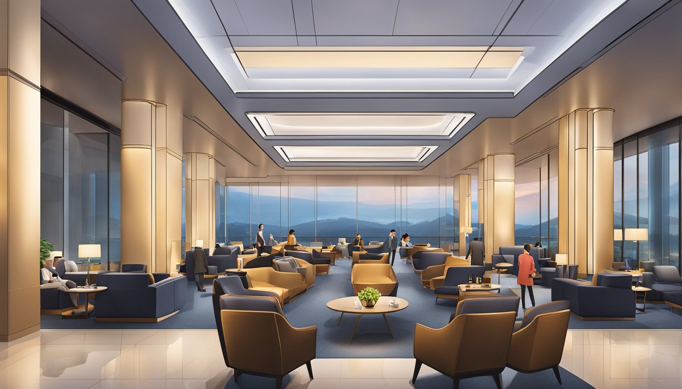 Passengers enjoy Citi Prestige lounge at Singapore airport. Luxurious seating, modern decor, and panoramic views create a relaxing atmosphere