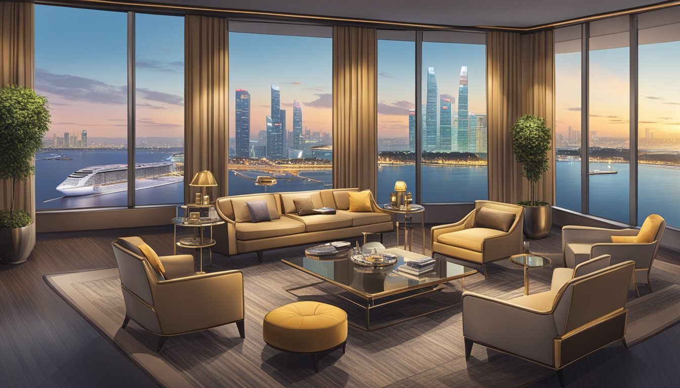 The scene shows a luxurious airport lounge with modern furnishings and a view of the Singapore skyline. Various credit cards, including the Citi Prestige, are displayed prominently, indicating their access to the lounge