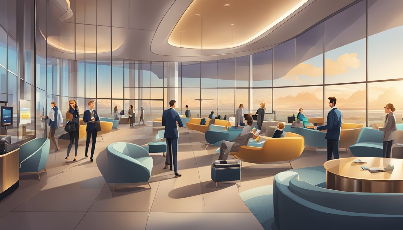 Passengers entering a modern airport lounge, scanning their Citi Prestige cards at the entrance, greeted by luxurious amenities and comfortable seating