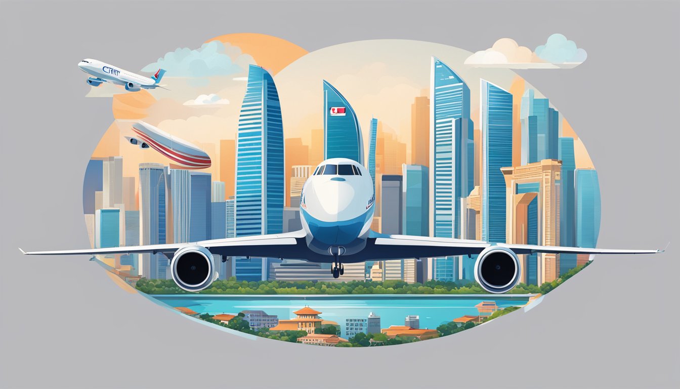 A plane soaring over the iconic skyline of Singapore, with the Citi Prestige Miles logo prominently displayed on the aircraft's tail