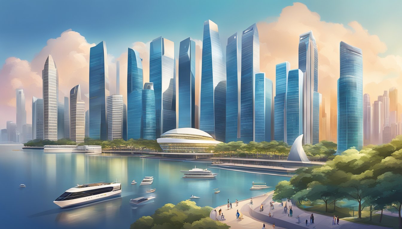 A luxurious cityscape with iconic landmarks and a sleek, modern skyline, showcasing the lifestyle privileges of Citi Prestige Miles in Singapore