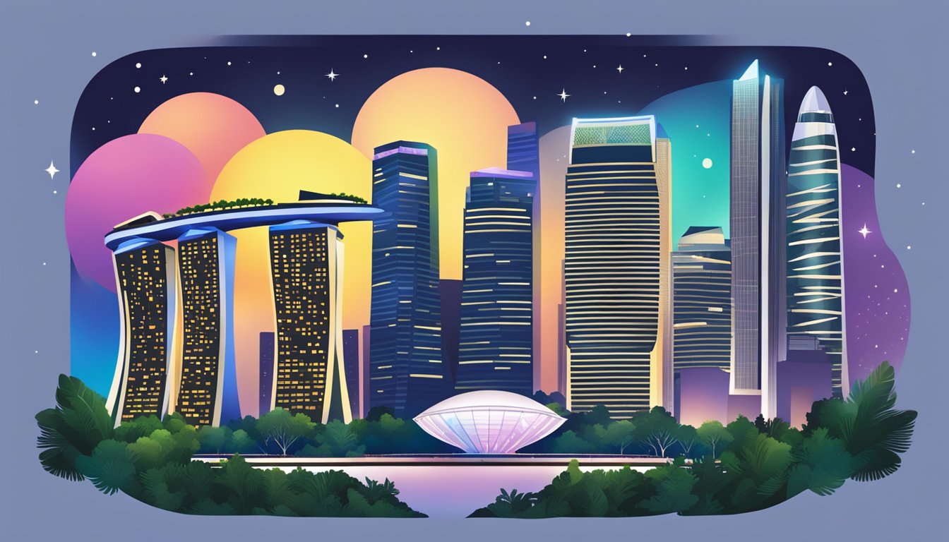 The Singapore skyline, featuring iconic landmarks like the Marina Bay Sands and the futuristic Supertree Grove, is illuminated against the night sky
