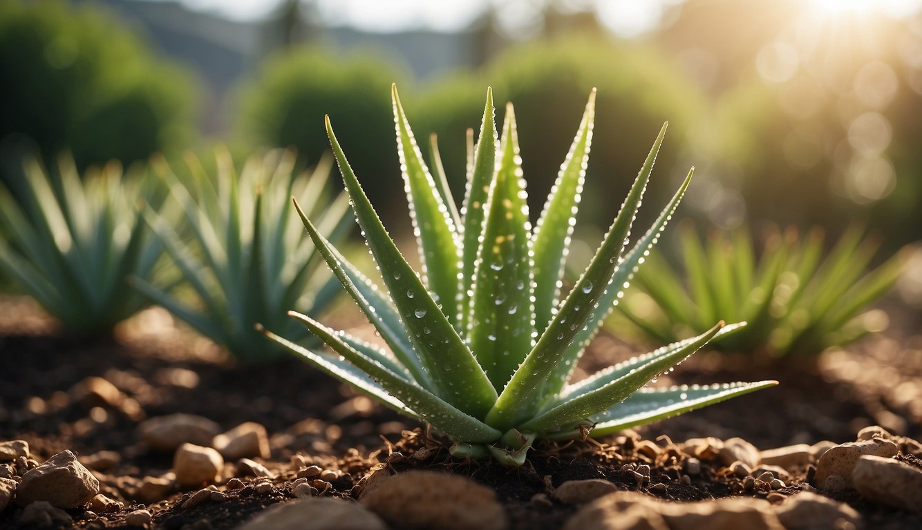 Aloe plants receiving water and sunlight for growth