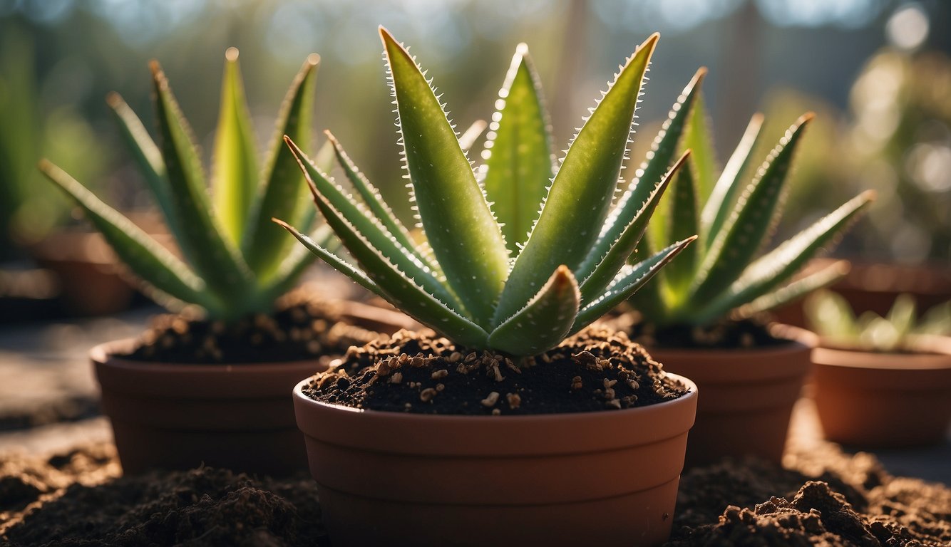 Aloe plant in repotting process with soil, pot, and sunlight