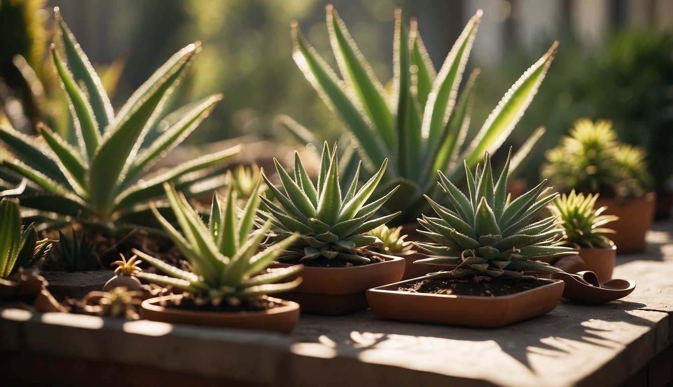 Aloe plants basking in sunlight, surrounded by seasonal care tools