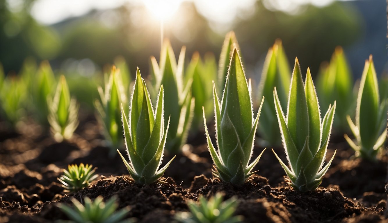 Aloe plants bask in bright sunlight, their leaves reaching towards the warm rays, while new shoots emerge from the soil, signaling growth and propagation