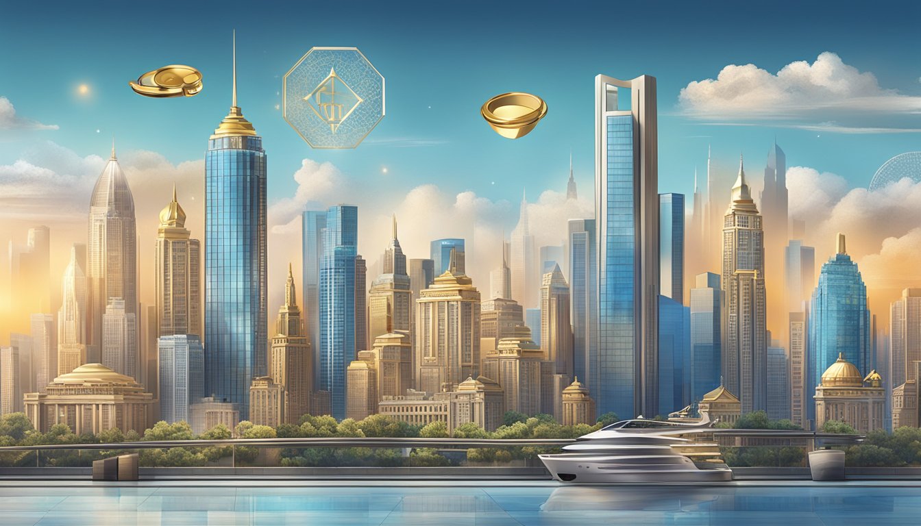 A luxurious city skyline with the Citi Prestige card prominently displayed, surrounded by symbols of wealth and luxury
