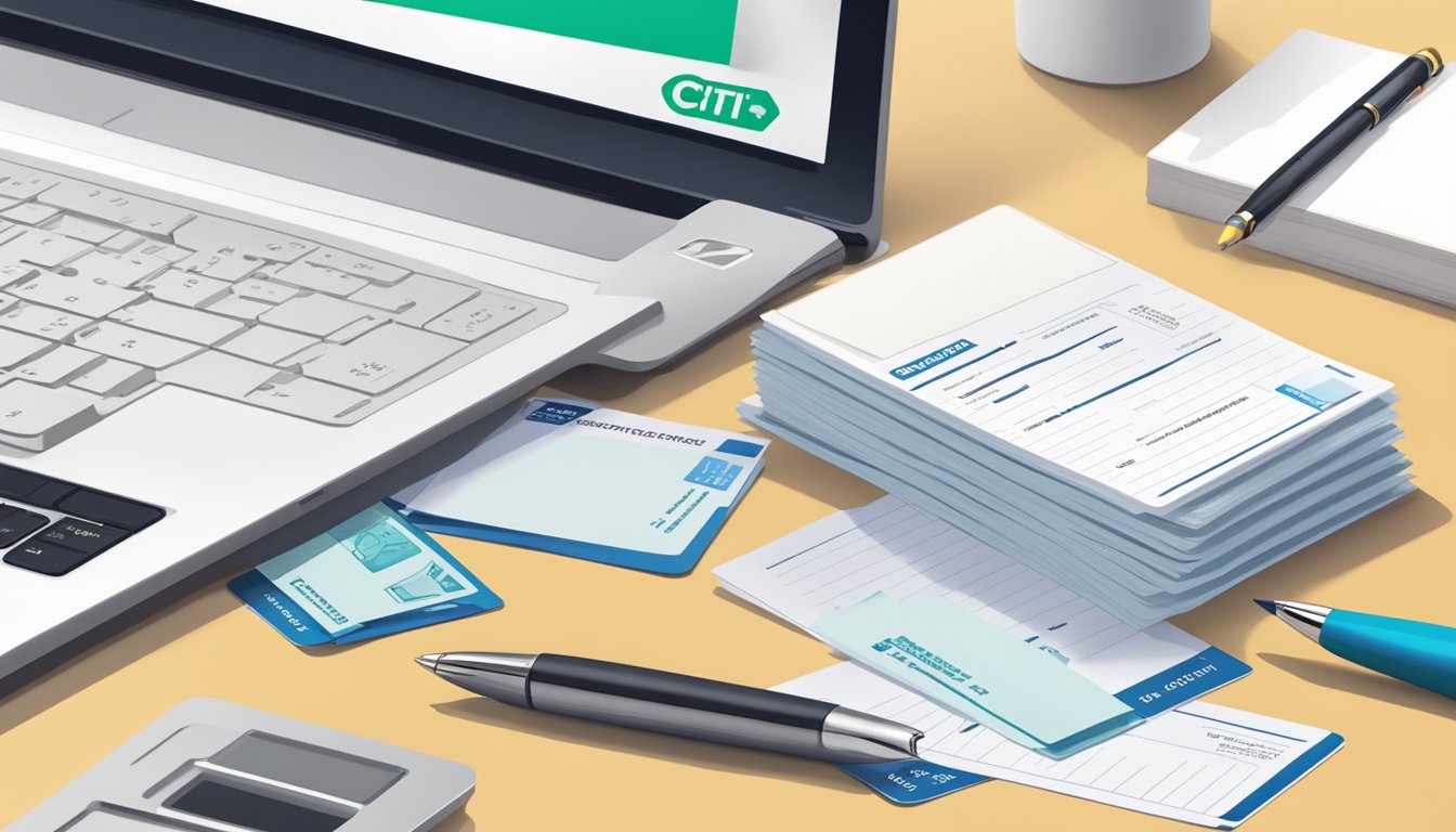 A stack of FAQ cards with "Citi Prestige Review Singapore" printed on top, surrounded by a laptop, pen, and notepad