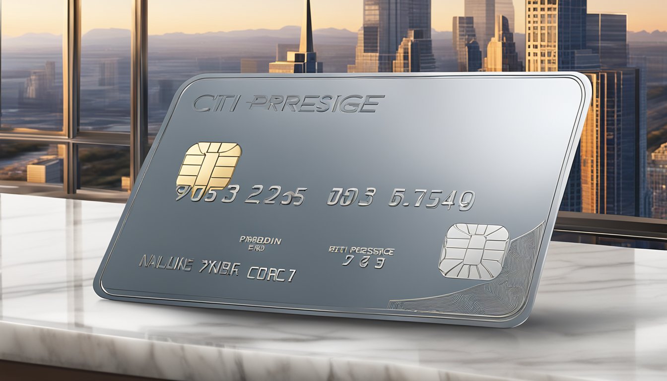 A sleek, metallic Citi Prestige Card sits on a luxurious marble tabletop, with a city skyline visible through a window in the background