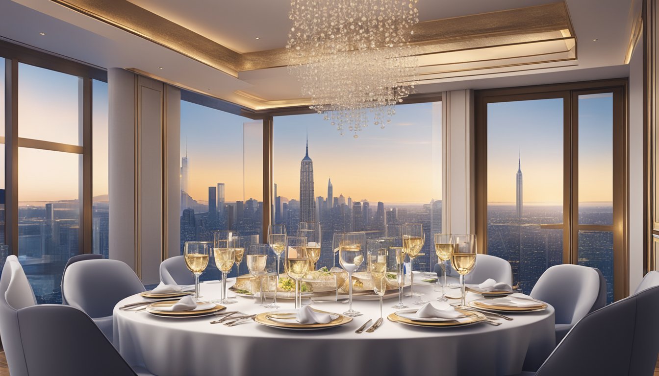 A luxurious dining setting with elegant tableware and a city skyline view
