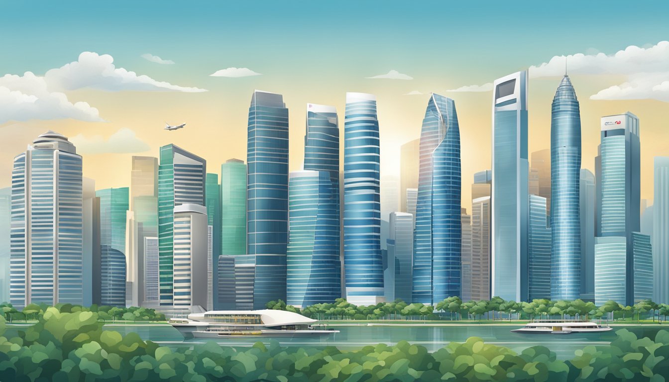 A modern city skyline with the iconic Citi Prestige building standing tall, surrounded by bustling financial institutions and services in Singapore