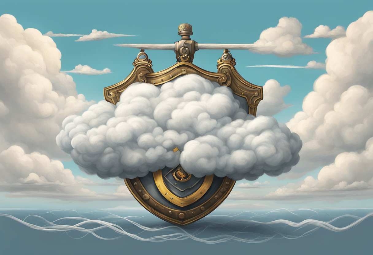 A strong, sturdy cloud with a lock and shield symbol stands tall, while a tangled, unstable cloud struggles to keep its shape