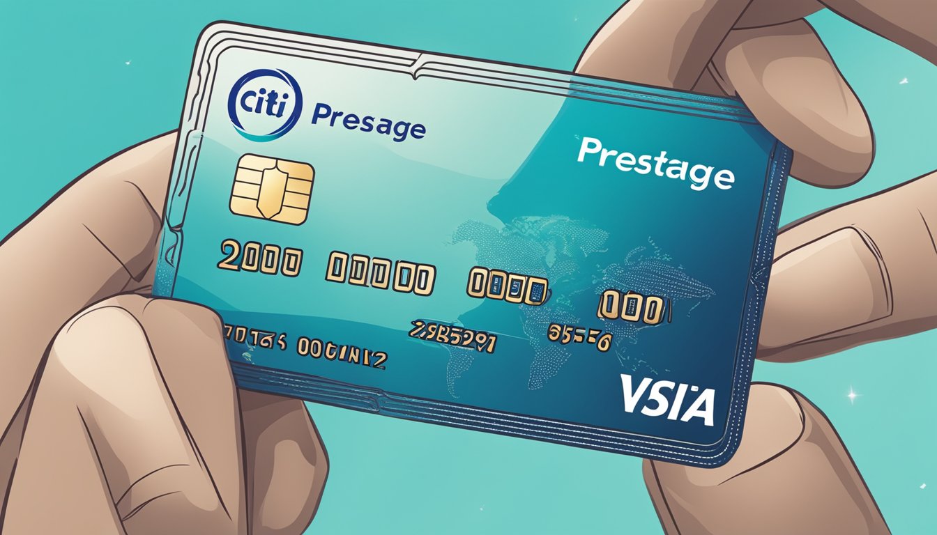 A hand holding a Citi Prestige card, with points accumulating and being redeemed for travel rewards in Singapore