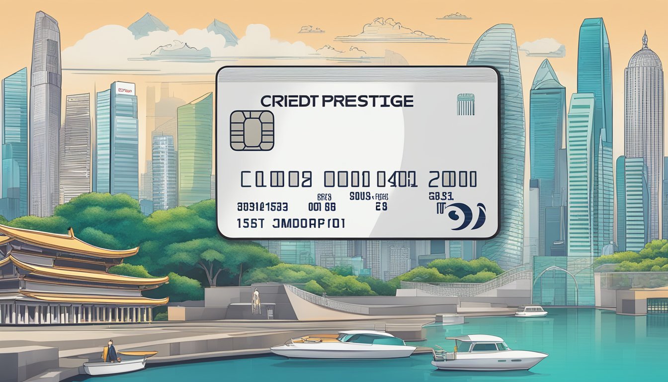 A sleek credit card with "Citi Prestige" embossed on it, surrounded by a backdrop of iconic Singapore landmarks and a list of membership costs and fees