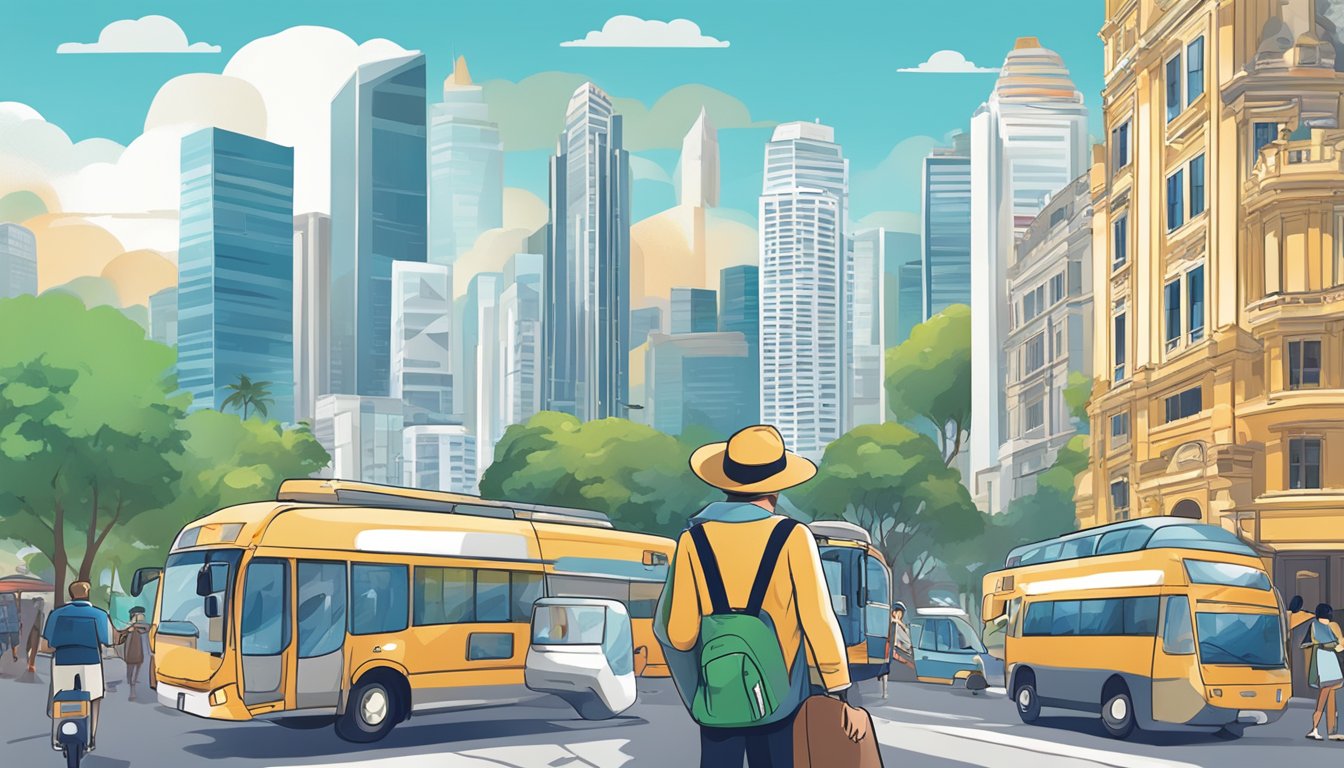 A traveler in Singapore reviews Citi Prestige Travel Insurance, surrounded by iconic city landmarks and bustling streets