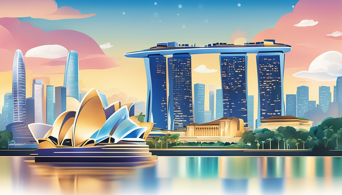 A luxurious travel scene with a Citi Prestige Card, featuring a sleek card design and a backdrop of iconic Singapore landmarks