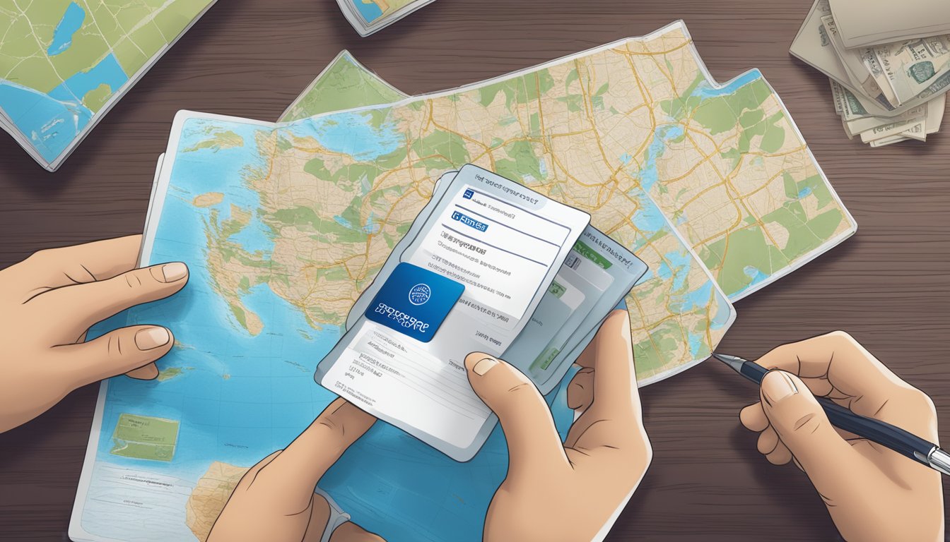A traveler holding a Citi Prestige card, reading policy terms, with a map and passport nearby