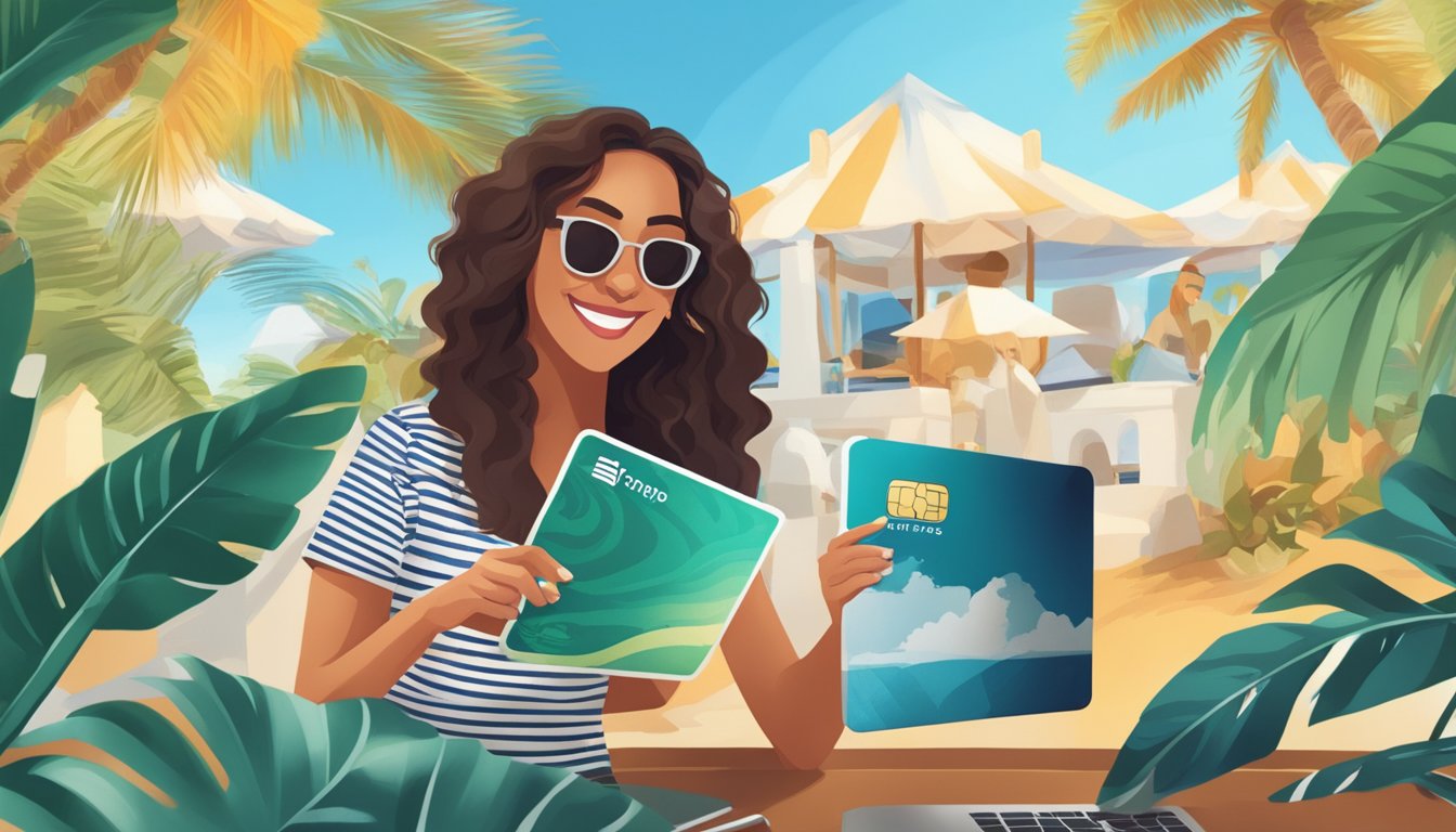 A traveler swiping a Citi Prestige card while booking a luxury vacation, surrounded by images of exotic destinations and a stack of savings and rewards