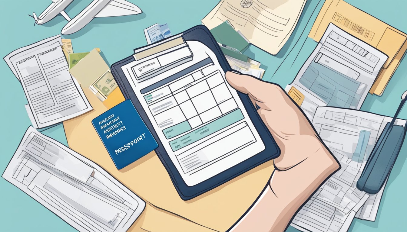 A hand holding a passport with a plane ticket, surrounded by travel insurance documents and brochures