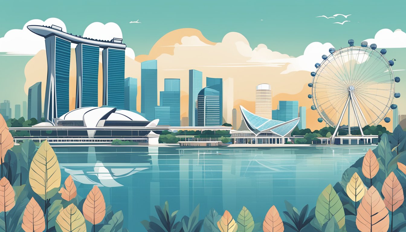 A cityscape with iconic landmarks of Singapore, such as the Marina Bay Sands and the Singapore Flyer, with a prominent "Frequently Asked Questions" sign in the foreground