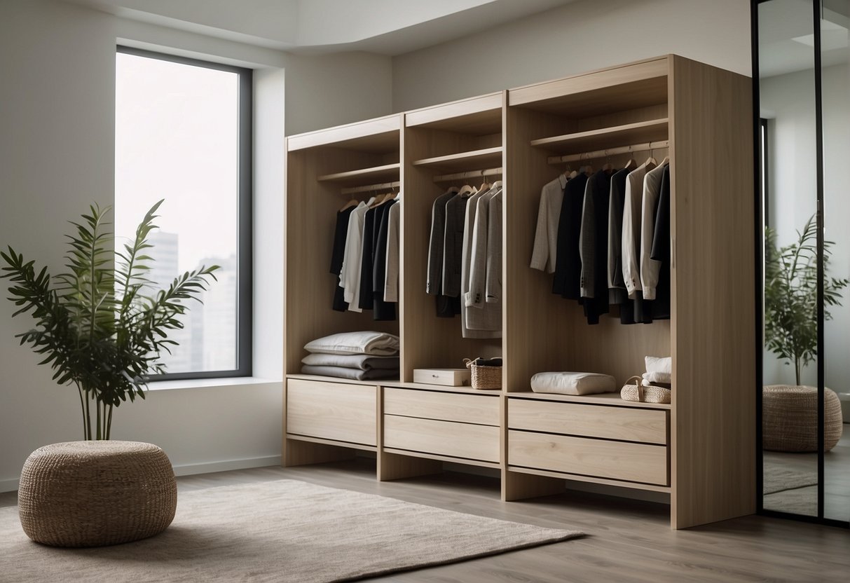 A clean, organized dressing room with a simple, modern design. Sparse furniture, neutral colors, and uncluttered space