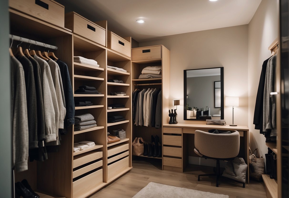 A simple, uncluttered dressing room with neutral colors, clean lines, and few essential items