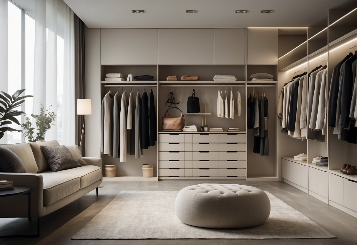 A spacious, well-lit room with clean lines and simple, organized storage for clothing and accessories. A neutral color palette and sleek, modern furniture create a minimalist and serene atmosphere