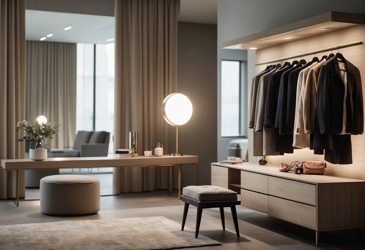 room with clean lines, neutral colors, and simple furniture. A sleek vanity with a large mirror, a modern clothing rack, and a small seating area create a serene and uncluttered space