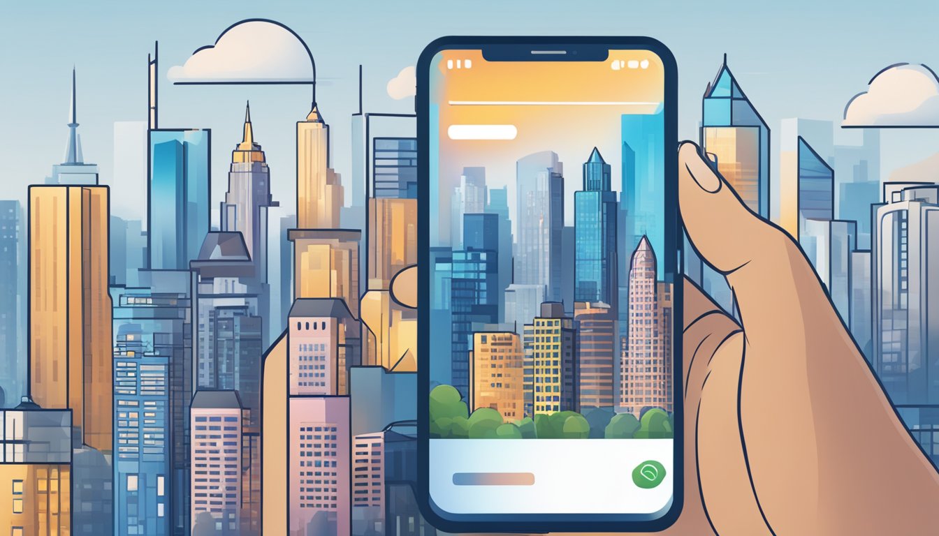 A person using a mobile phone to access Citi Quick Cash with a city skyline in the background