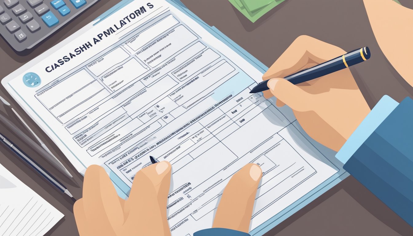 A person filling out a quick cash application form with required documents and eligibility criteria listed