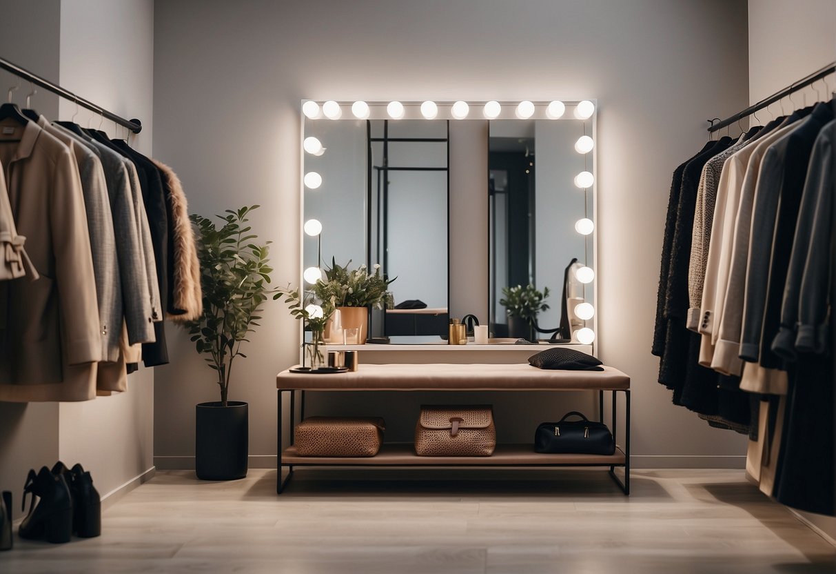 A simple, modern dressing room with a sleek clothing rack, a full-length mirror, a comfortable bench, and a few carefully curated accessories on display