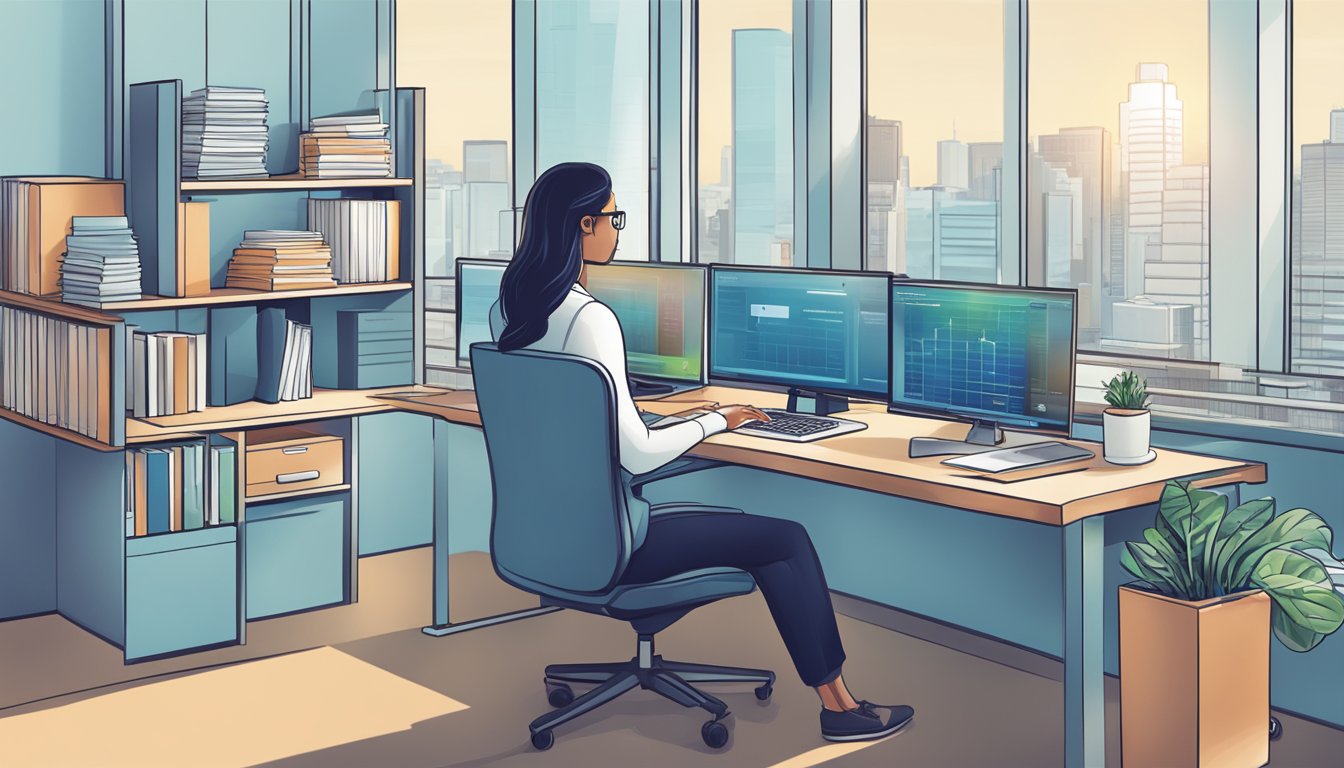 A person in an office, using a computer to manage and repay a loan with Citi Quick Cash Singapore