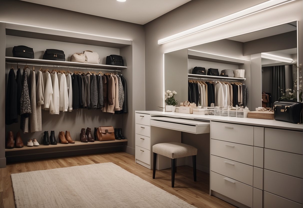 A spacious, well-lit dressing room with clean lines and simple furnishings. Neutral colors and ample storage create a calm, organized atmosphere