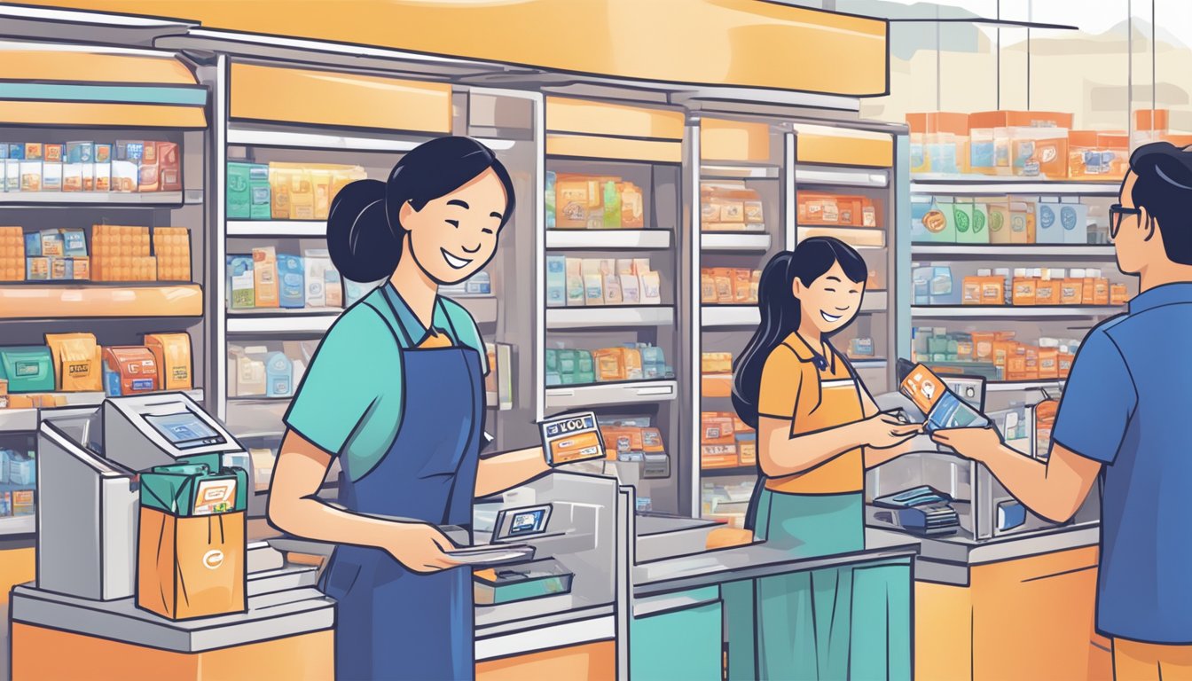 A person swiping a Citi Quick Cash card at a Singaporean store, with a smiling cashier handing over extra benefits alongside the purchased items
