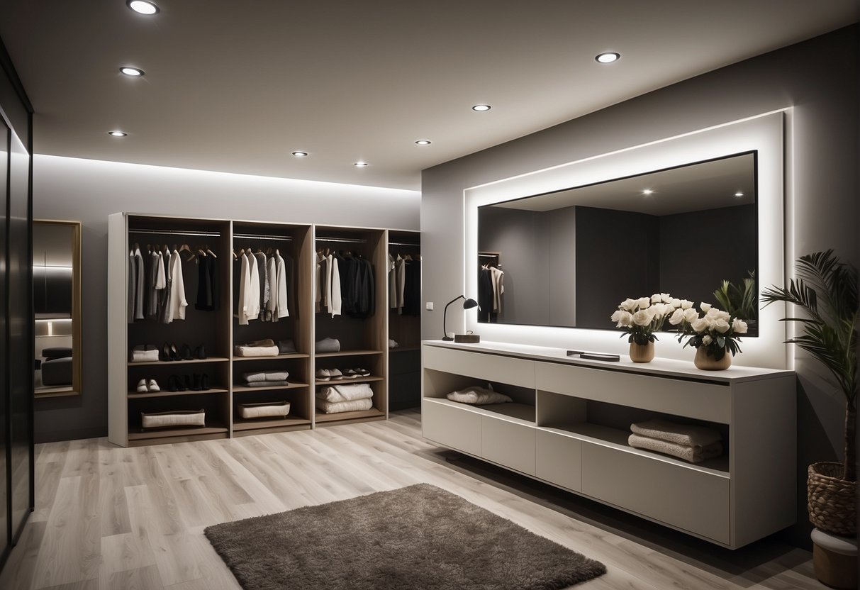 A sleek, modern dressing room with minimalistic design and clean lines Minimalist Dressing Room