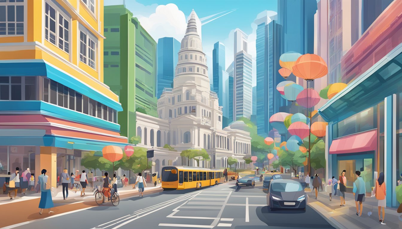 The bustling streets of Singapore with iconic landmarks and vibrant city life, showcasing the convenience and accessibility of Citi Ready Credit